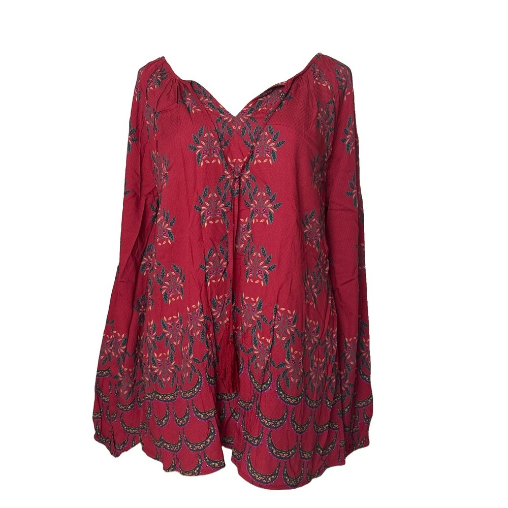 Sundance Catalog Floral Long Sleeve top blouse Red Colorful Tassels Womens L